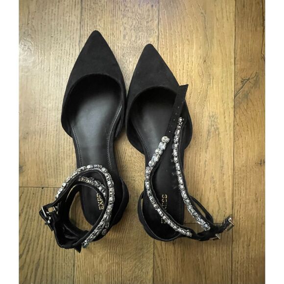 Express Black Rhinestone Heels Size 7 Pointed Toe Ankle Strap Dress Shoes - Picture 4 of 10